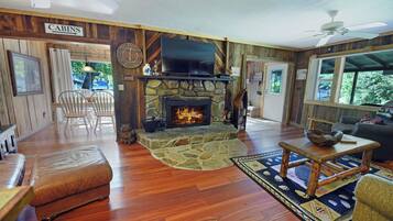 TV connectée, cheminée, lecteur de DVD, baby-foot