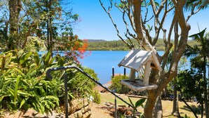 A birdhouse attached to a tree near a lake, surrounded by lush greenery. - Dorathee Cottage - Pet Friendly - Absolute Waterfront (Gunderman)