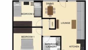 Ein Hotelgrundriss mit Balkon, zwei Schlafzimmern, einem Essbereich, einer Lounge, einer Küche und einem Badezimmer/Waschraum.