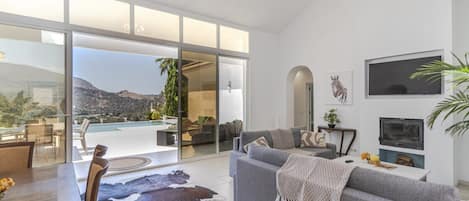 Smart TV, fireplace, books, stereo