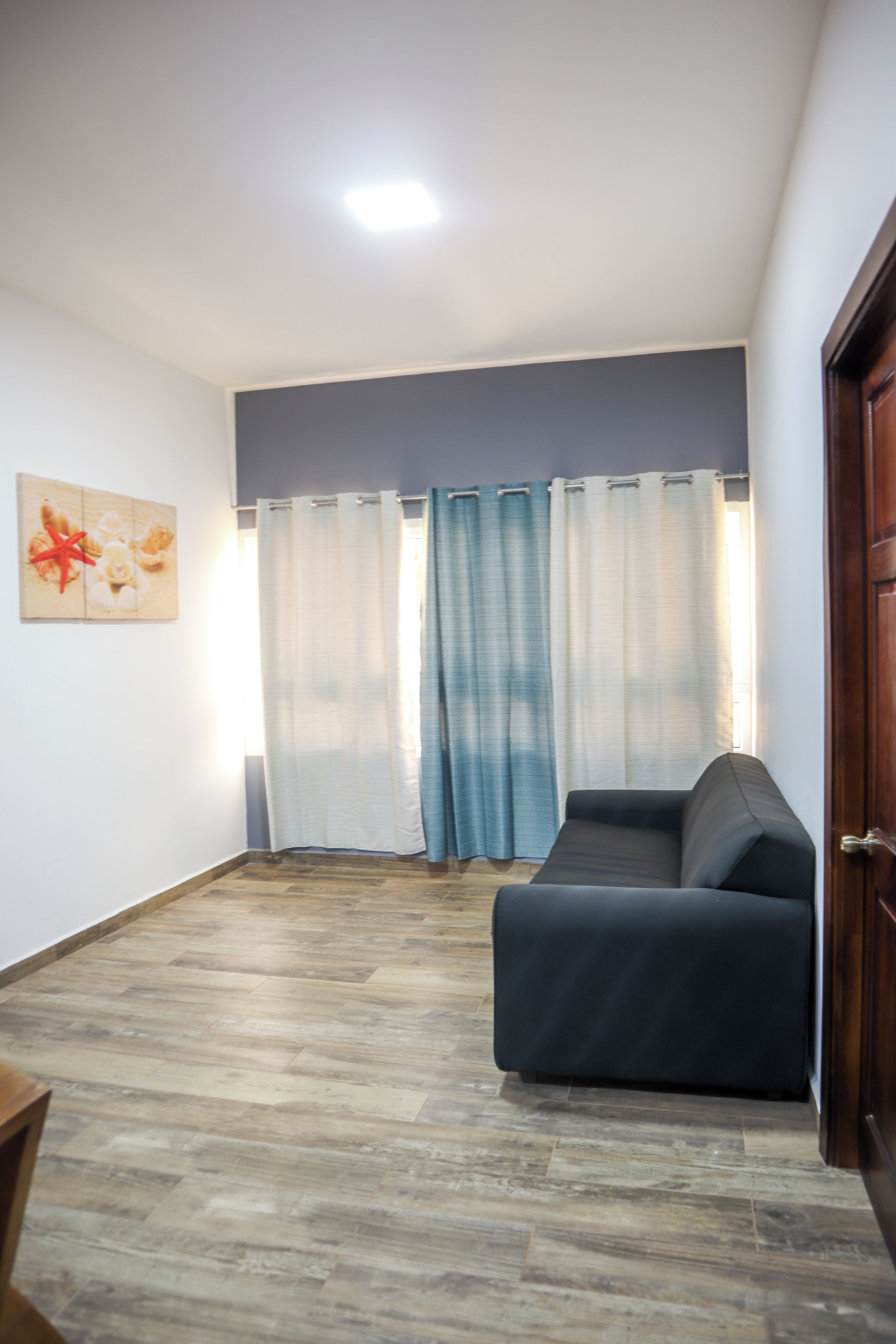 Una habitación con un sofá de color oscuro, suelo de madera, una puerta y una ventana con cortinas.