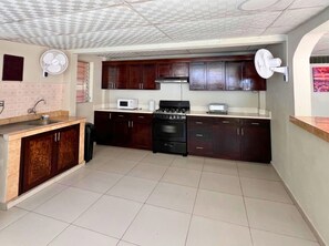 Una cocina compacta con estufa a gas, microondas y pileta.