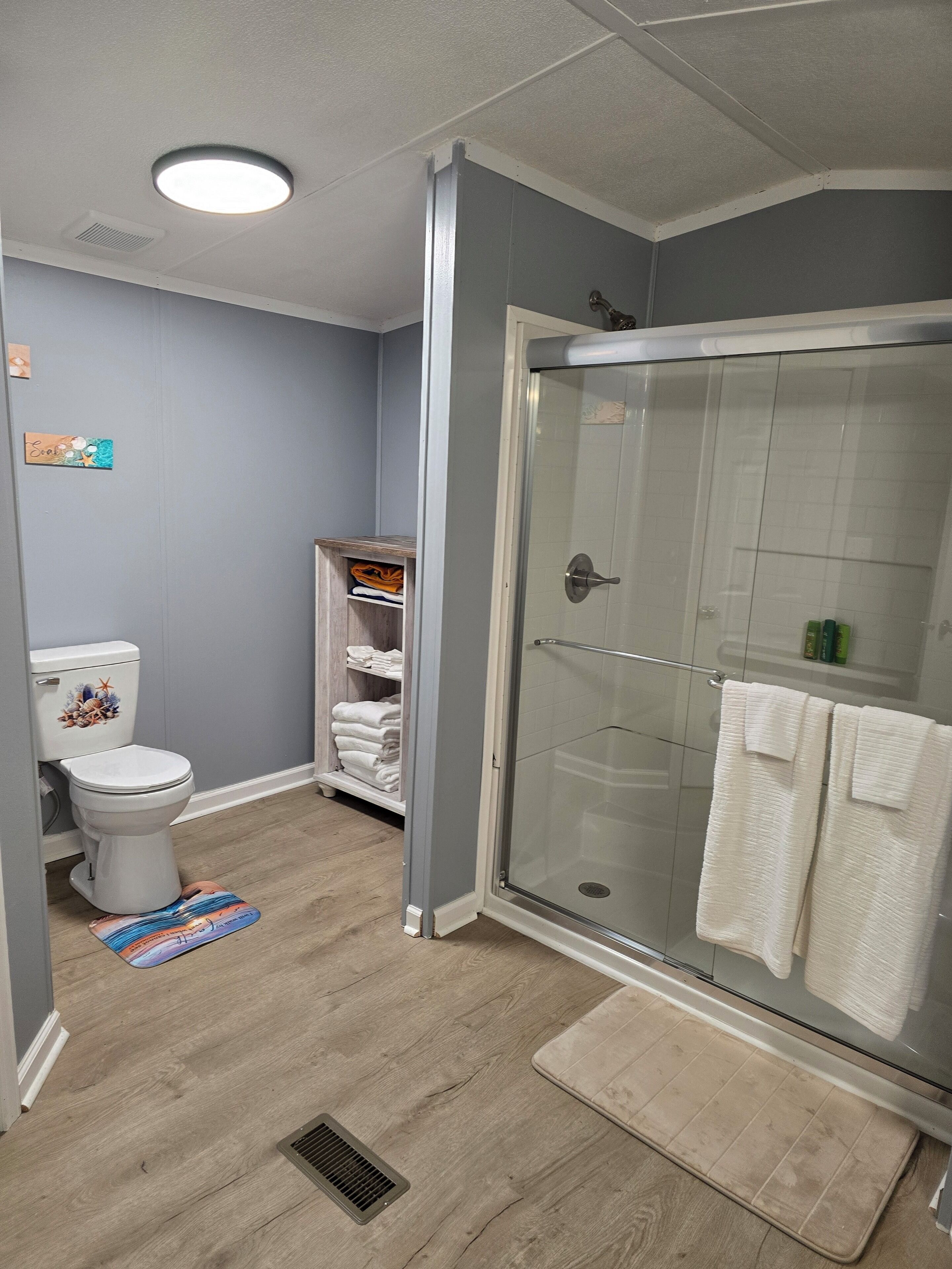 Shower, hair dryer, towels, soap