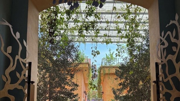Un café al aire libre con mesas y sillas dispuestas bajo un arco decorativo, rodeado de vegetación y edificios.
