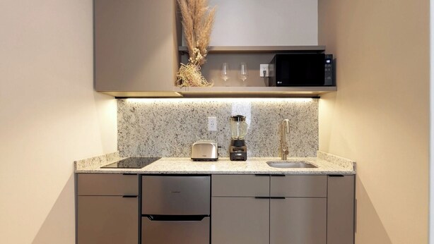 A modern kitchen with a granite countertop, stainless steel appliances, and a built-in microwave. - 101 Extraordinary apartment next to The St. Regis. Regis (Mexico City)
