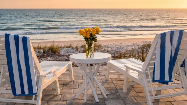 En terrasse ved stranden med to hvide stole, et lille rundt bord og en vase med gule blomster.