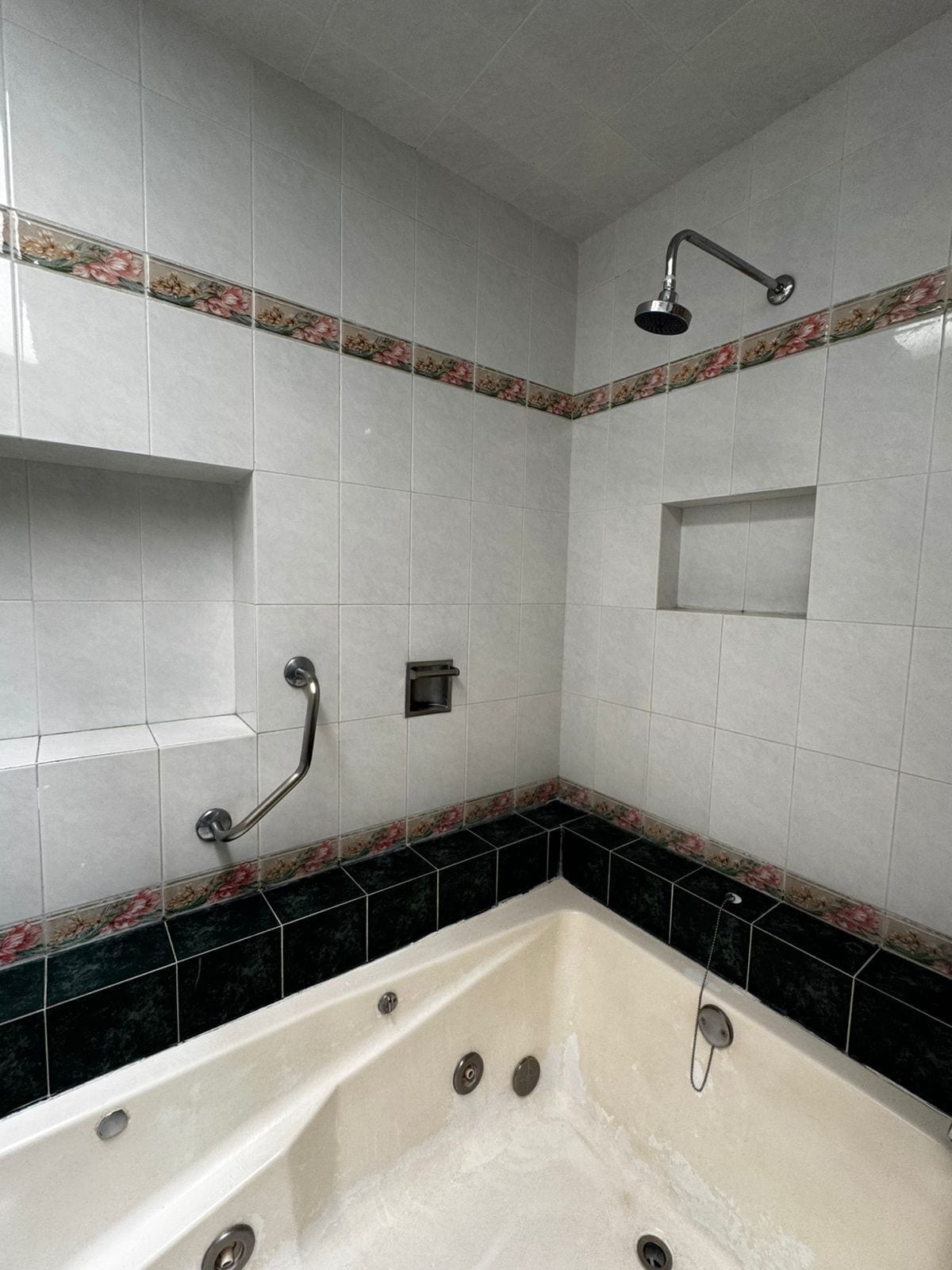 Un baño con bañera, ducha y barra de apoyo.