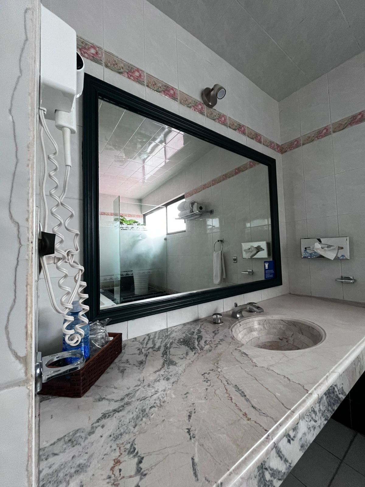 Une salle de bain avec un grand miroir, un lavabo et un espace douche.