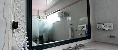 Une salle de bain avec un grand miroir, un lavabo et un espace douche.