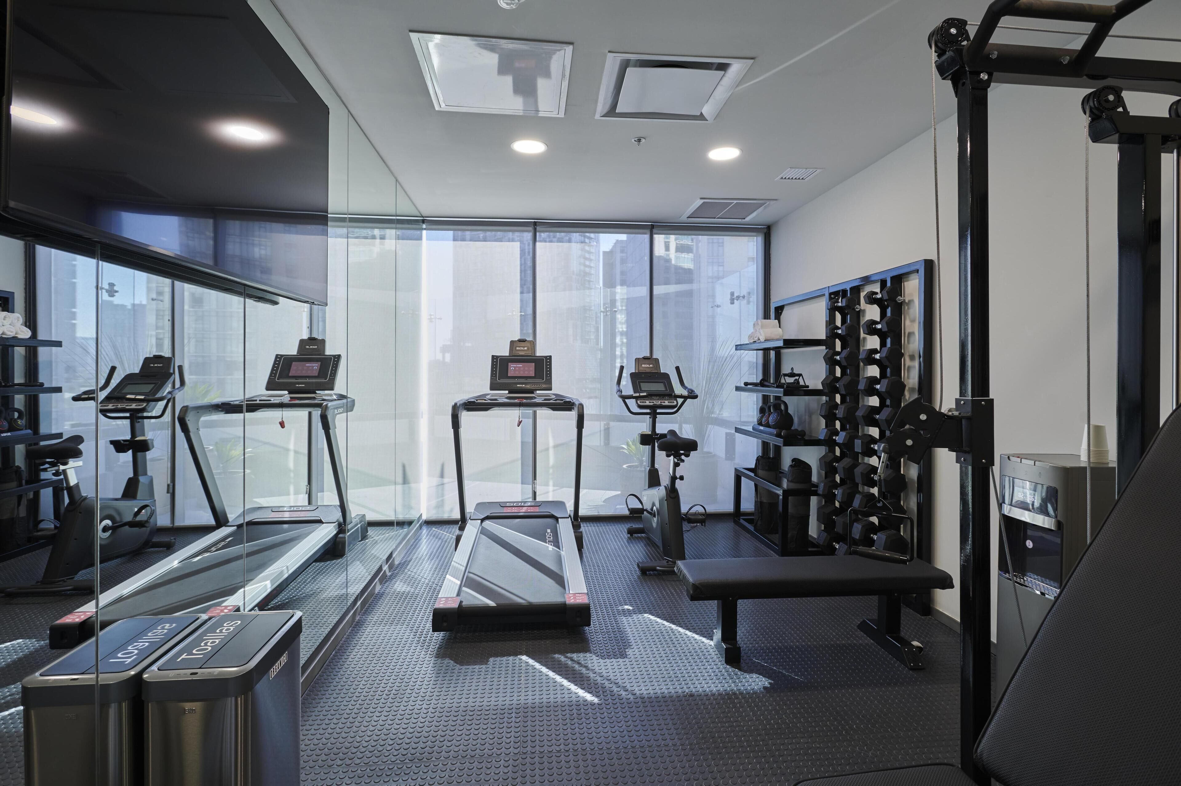 A modern gym with treadmills, a bench, and weight machines.