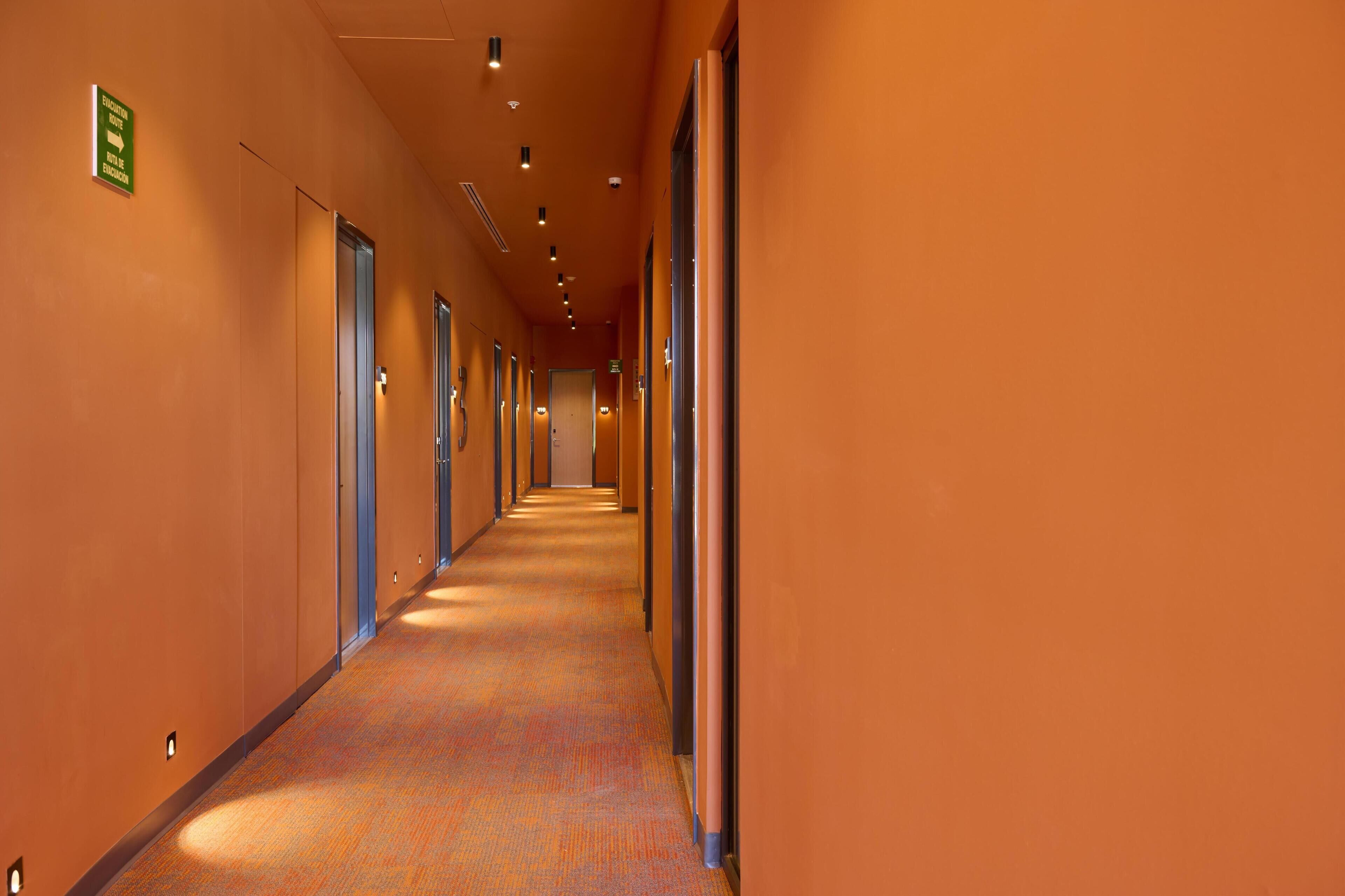 A hotel corridor with orange walls, doors, and carpeted flooring.