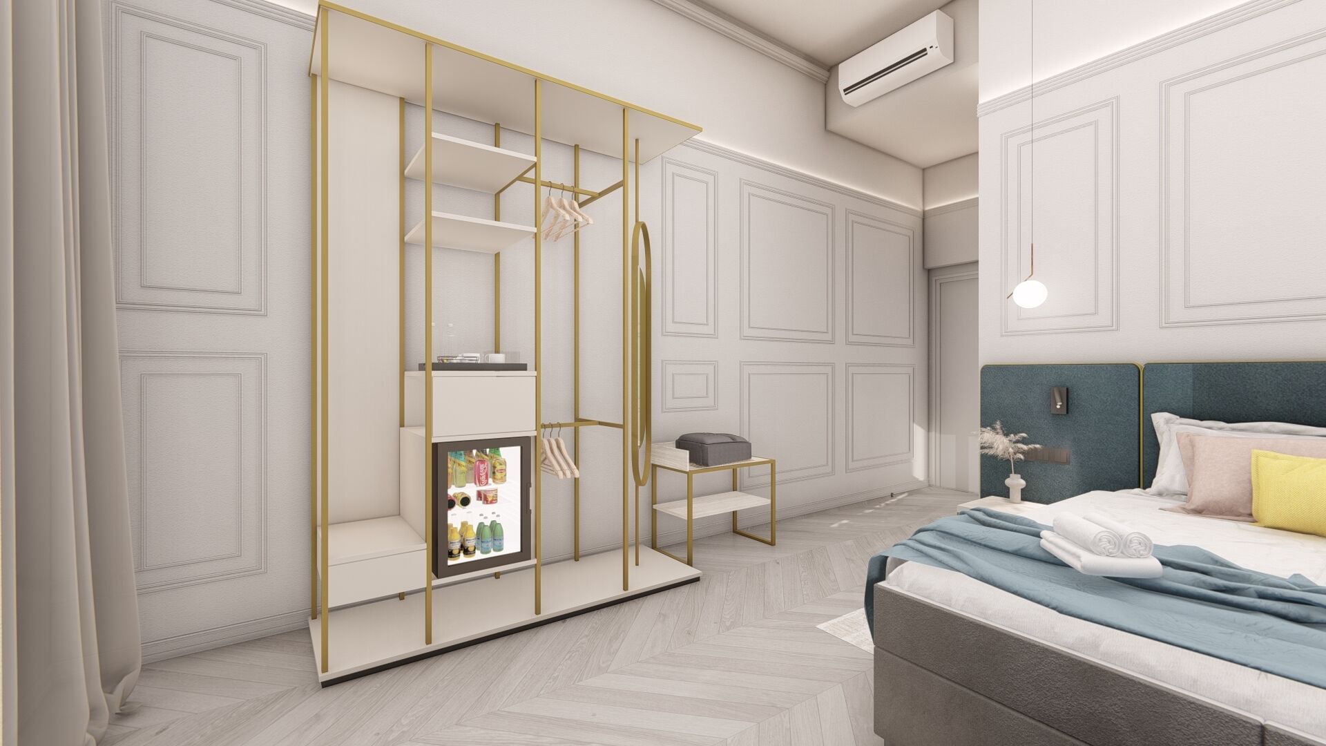 أغطية فراش متميزة وأسرّة بإسفنج يتكيف مع شكل الجسم وخزنة داخل الغرفة