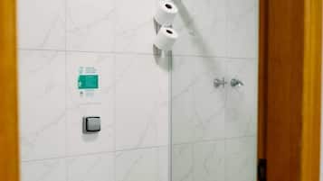 Shower, towels, soap, toilet paper