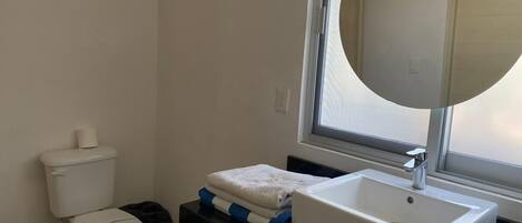 A bathroom with a toilet, a sink, a mirror, and a window.