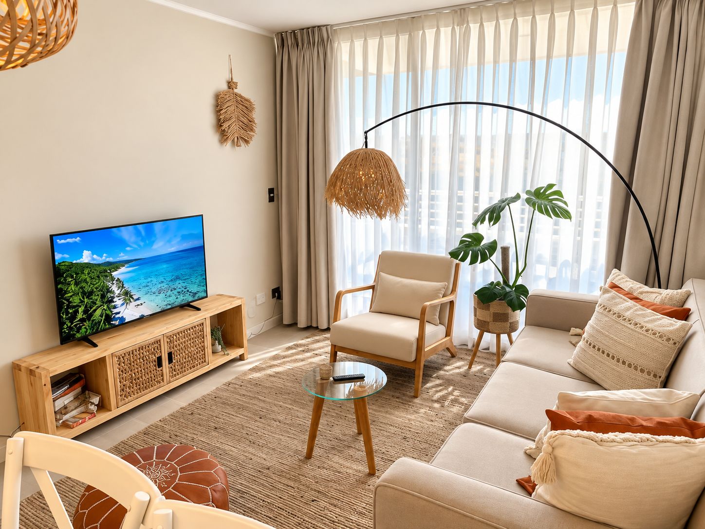 A living room with a television, sofa, armchair, and a large window with curtains.