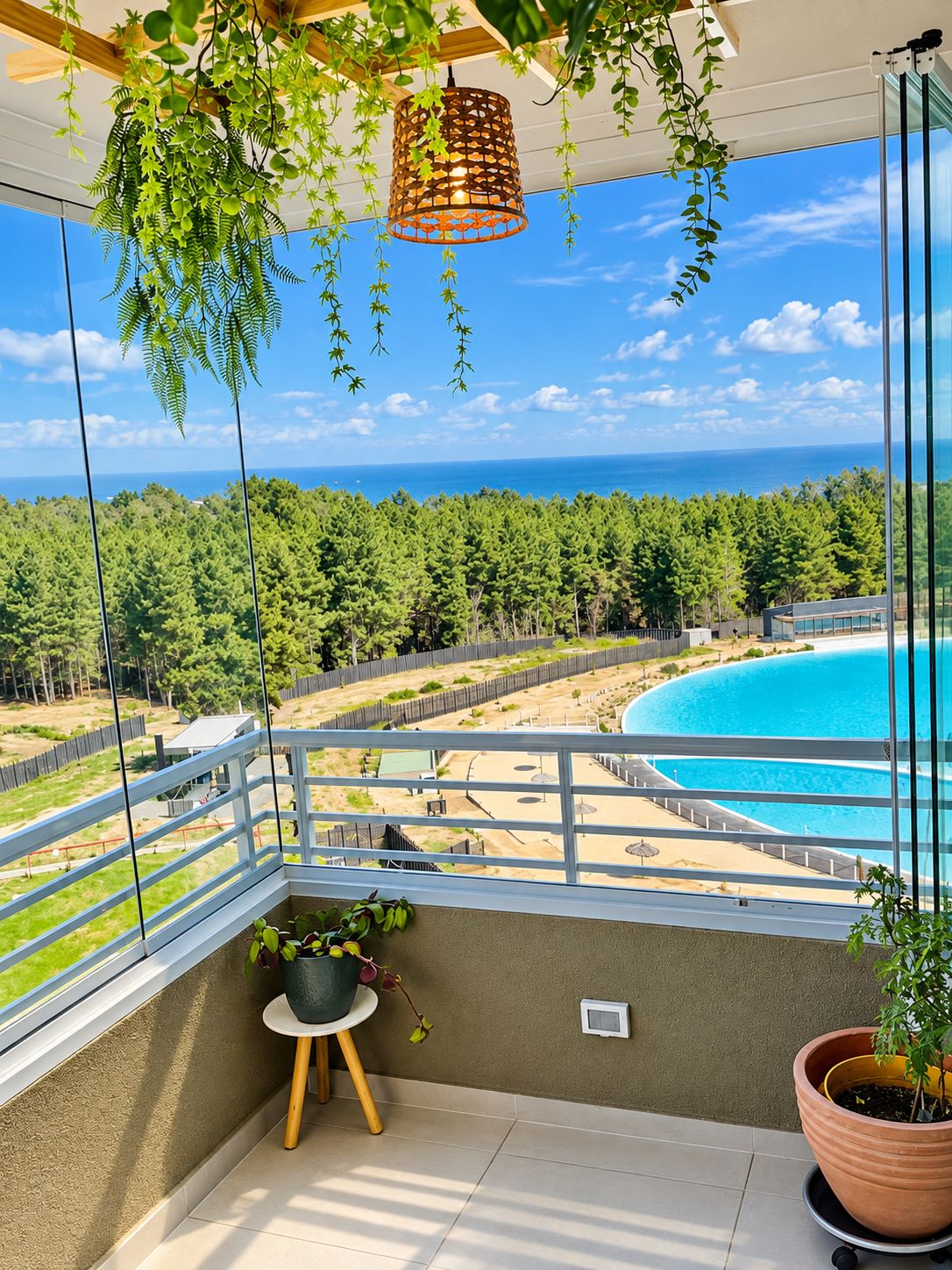 Ein Balkon mit Blick auf Strand und Meer, eine hängende Leuchte und ein Blumentopf.