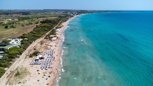 An aerial view of a beach with clear turquoise waters, a sandy shore, and numerous umbrellas and beach chairs. - Villa Sole By Vivimy (Parabita)