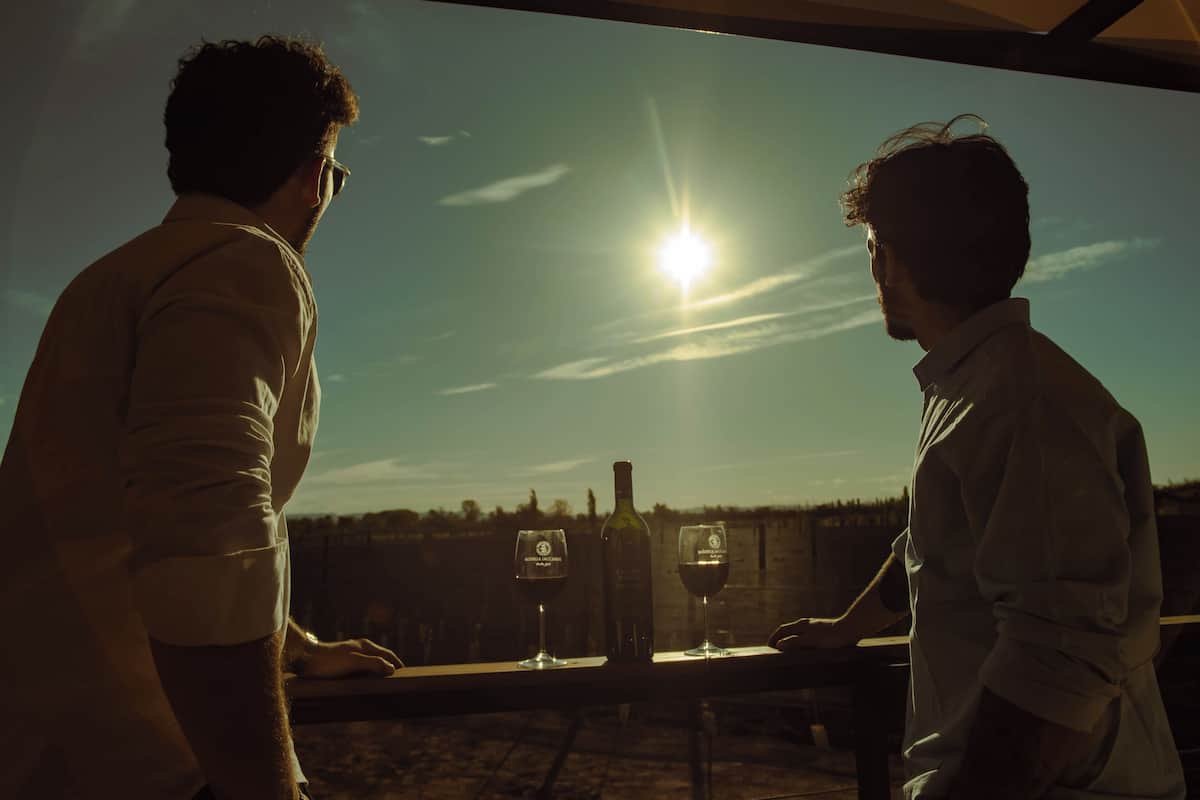 Two people standing at a table with a bottle and a glass of wine, overlooking a vineyard.