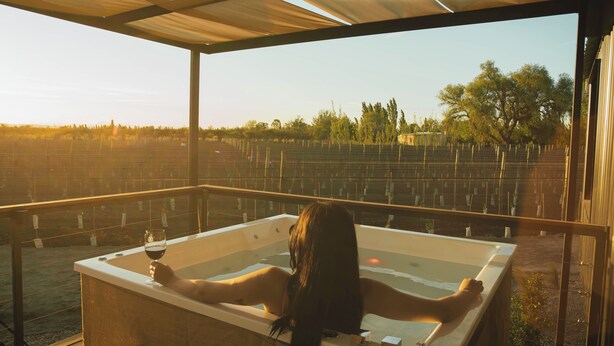 Una persona relajándose en un jacuzzi con vistas a un viñedo.
