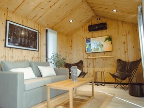 Een 55-inch smart-tv met kabelzenders, een open haard en Netflix