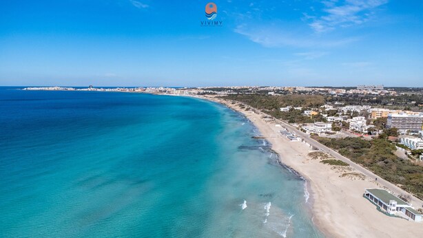 Vista aérea de una zona costera con playa, edificios y cielo despejado.