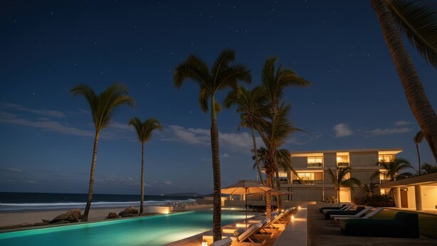 Uma área à beira da piscina com espreguiçadeiras e um edifício com varandas com vista para o oceano.