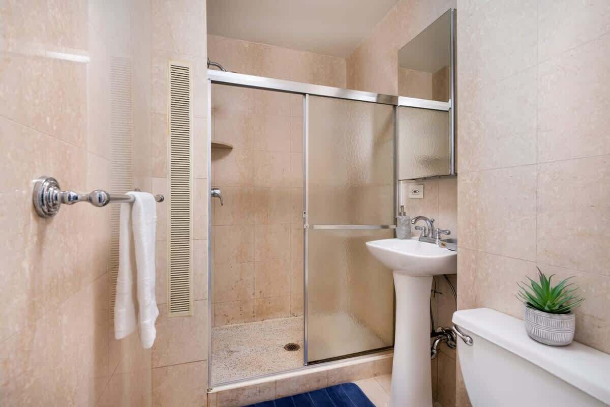Shower, hair dryer, towels