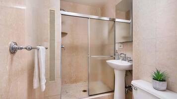 Shower, hair dryer, towels