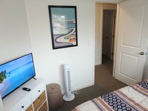 Habitación de hotel con televisión, ventilador, puerta y un cuadro en la pared.