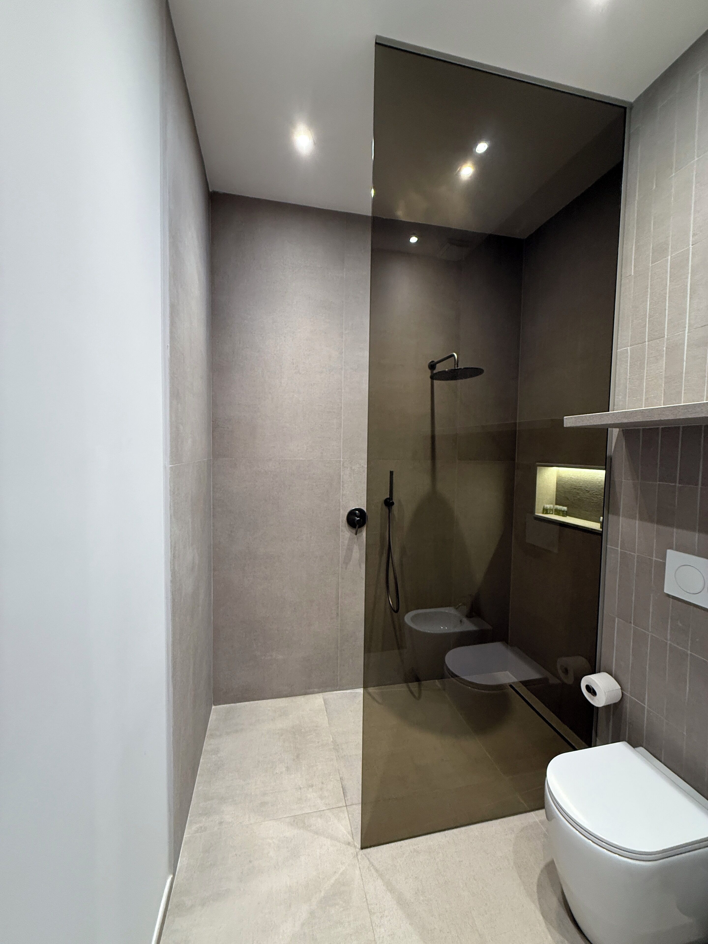 A modern bathroom with a glass-enclosed shower, a toilet, and a sink.