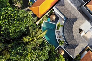 A rooftop pool surrounded by lush greenery, with a modern architectural design and a clear view of the sky. - Villa Jungle Rendez Vous by BaliSuperHost (Bali)