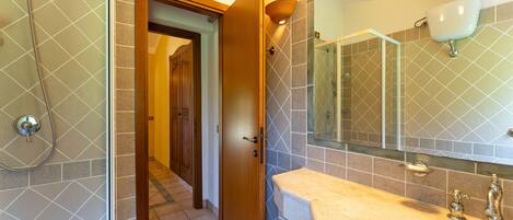 Une salle de bain avec une douche, un lavabo et un miroir.