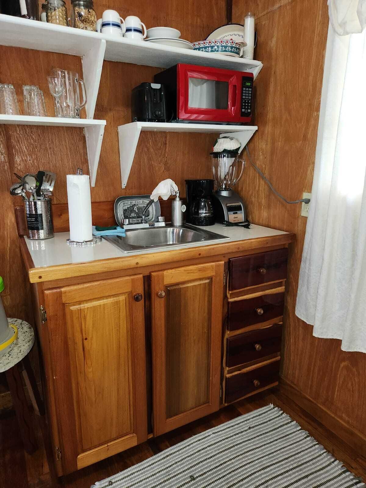 Full-sized fridge, microwave, oven, cookware/dishes/utensils