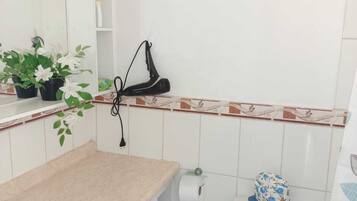 Dusche, Haartrockner, Handtücher, Toilettenpapier