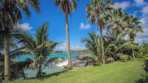 Een tropisch strand met palmbomen en helderblauw water.