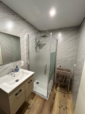 Hair dryer, towels, soap, toilet paper