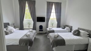 A hotel room with two single beds, a flat-screen TV, and a small seating area. - Room 3 -  Manor Park Country House, Wales Perfect for Families (Swansea)