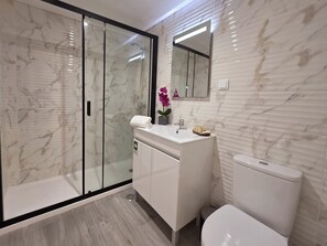 Shower, hair dryer, towels