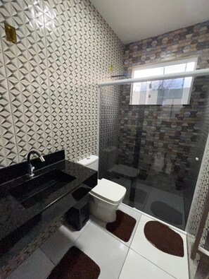 Hair dryer, towels, soap, toilet paper