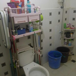 Hair dryer, towels, soap, toilet paper