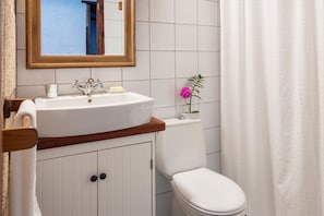 A bathroom with a white sink, a mirror, a toilet, and a shower curtain.