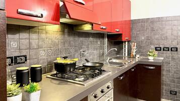 Four, plaque de cuisson, batterie de cuisine, vaisselle et ustensiles