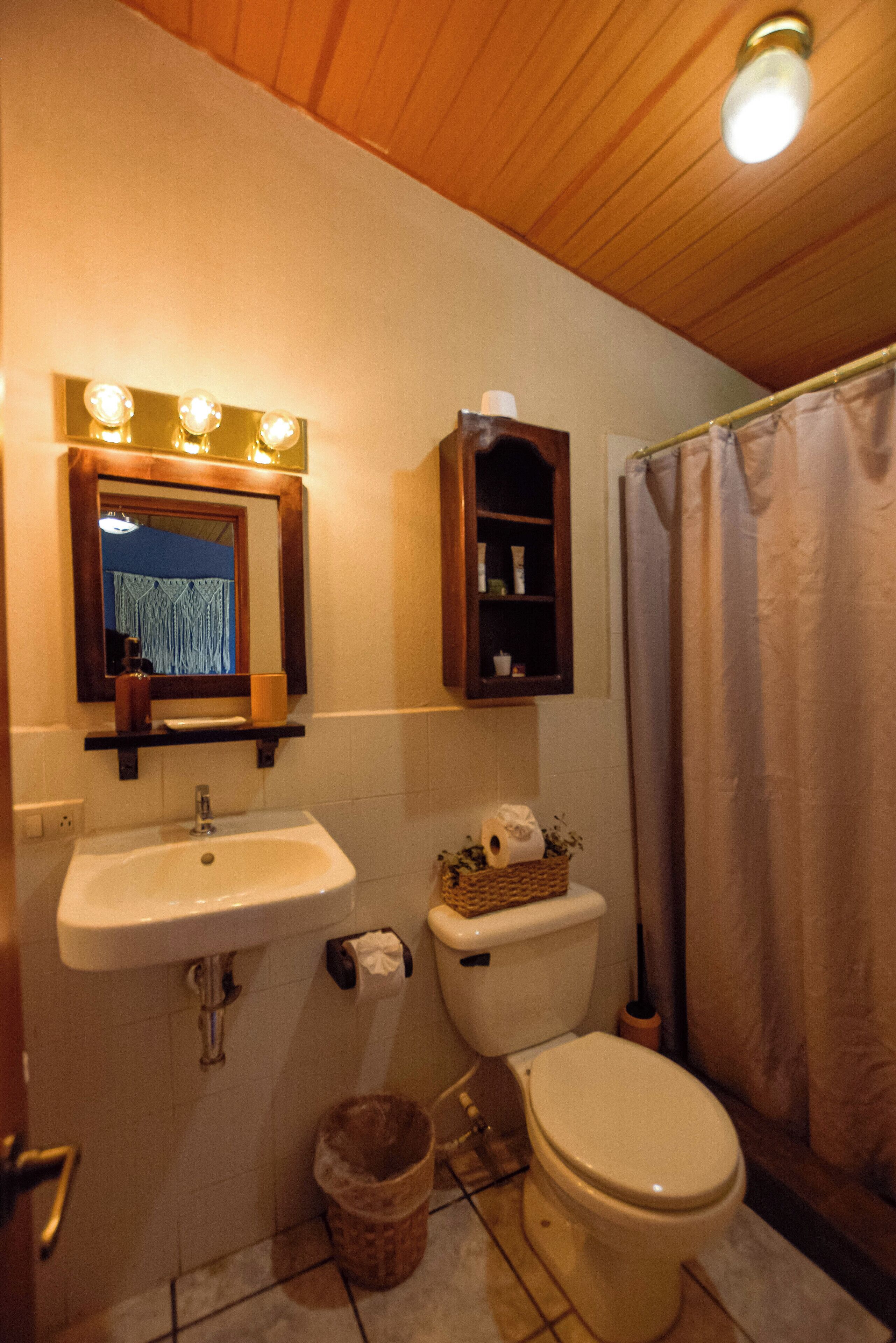 Une salle de bain équipée d’un lavabo, d’un miroir, de toilettes et d’un rideau de douche.
