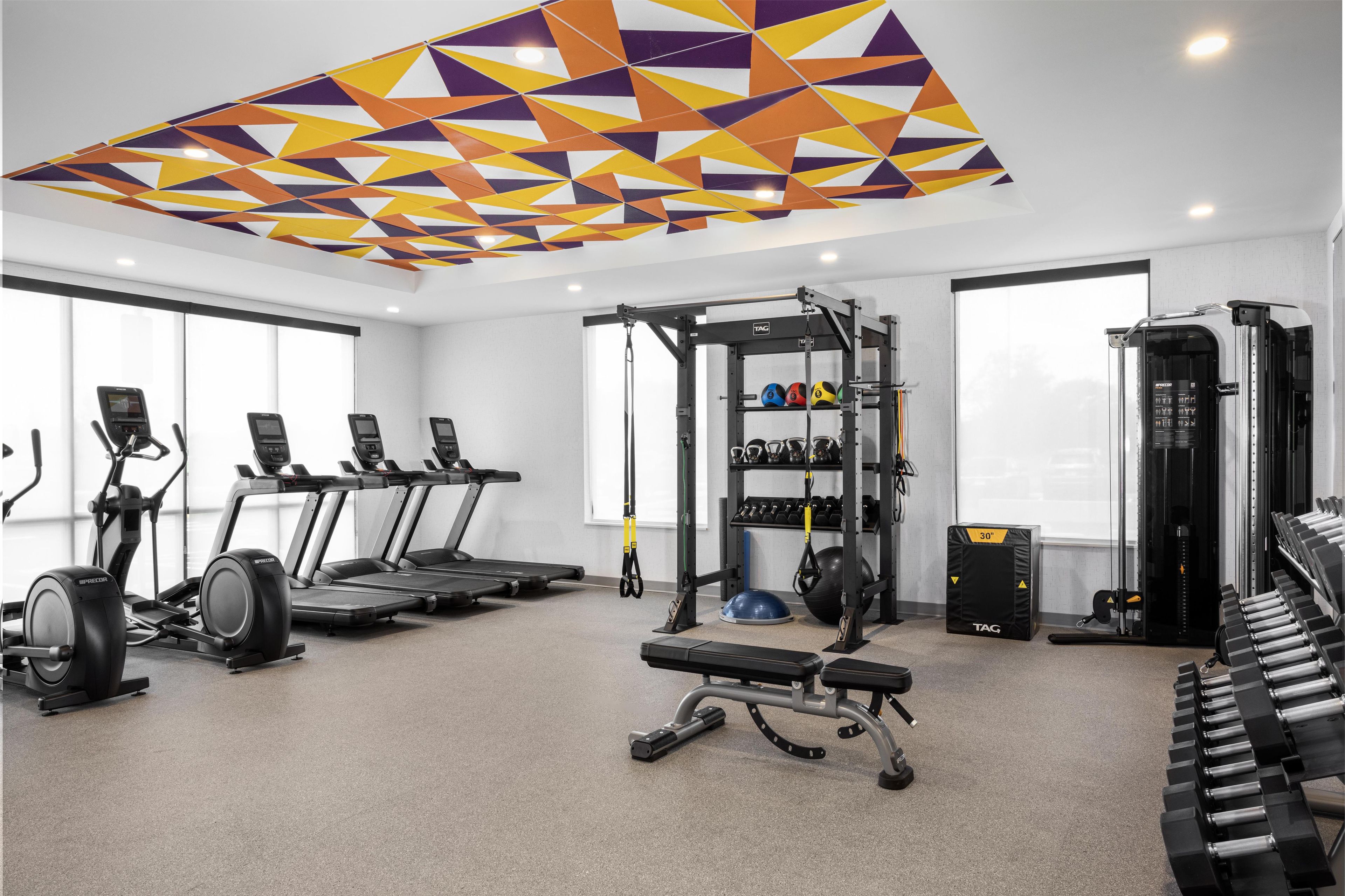 A gym with treadmills, a weight bench, a squat rack, and a variety of weights.