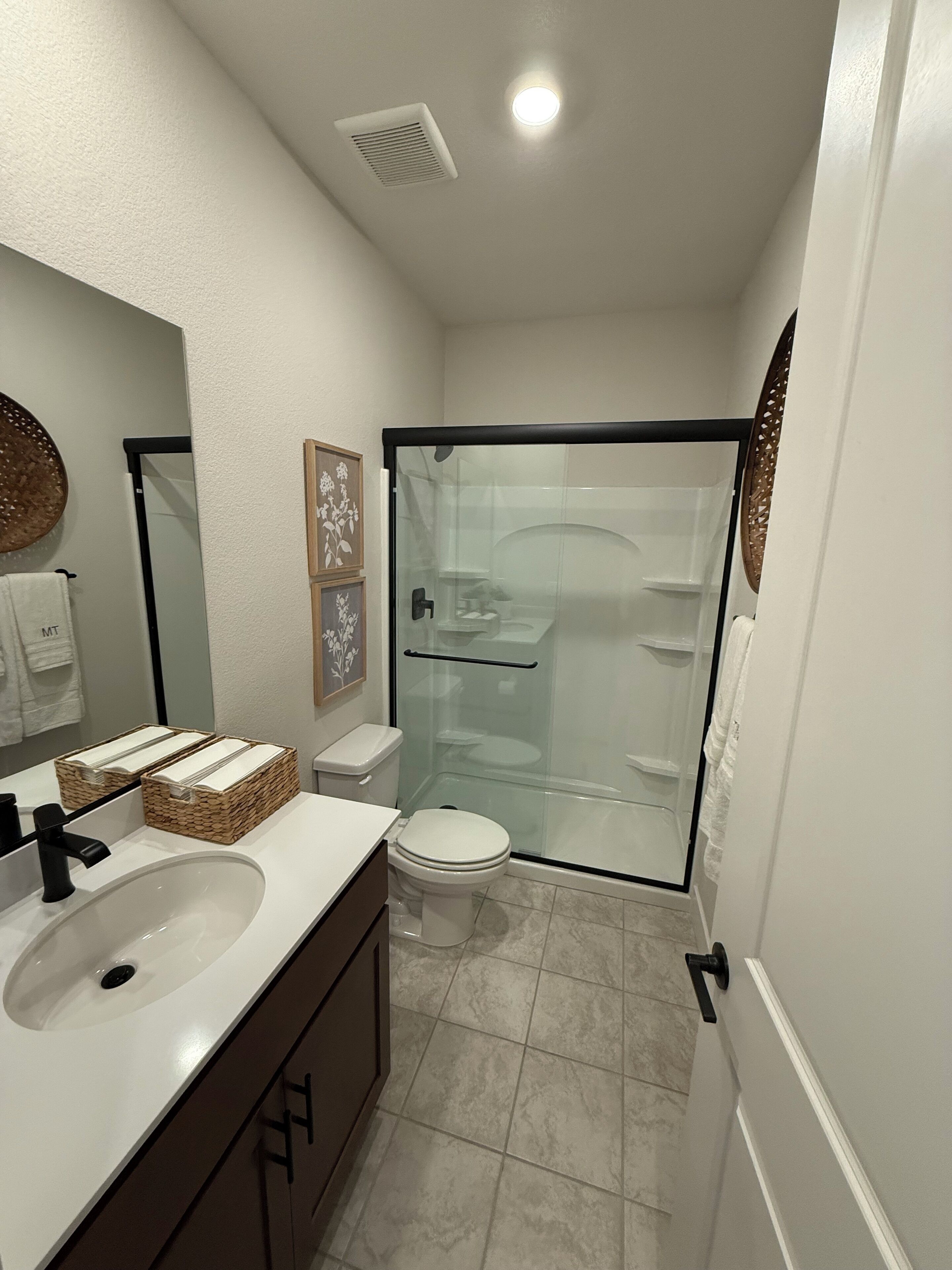 Hair dryer, towels, soap, toilet paper