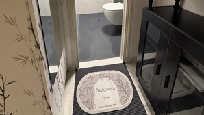 Une salle de bain équipée de toilettes, d’un miroir et d’un espace douche.