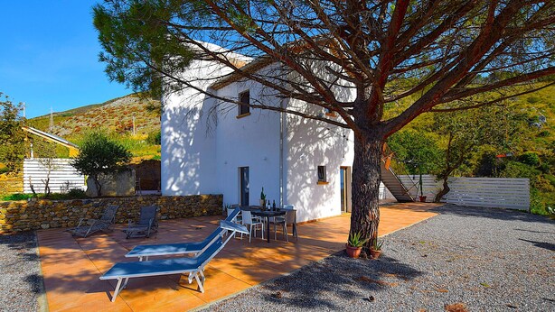 Un edificio blanco con un patio, mobiliario exterior y un árbol.