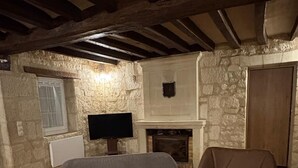 A stone-walled room with a fireplace, a television, and two armchairs. - La Bergerie des vignes" country house shared with sheep. (Bourgueil)