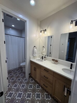 Hair dryer, towels, soap, toilet paper