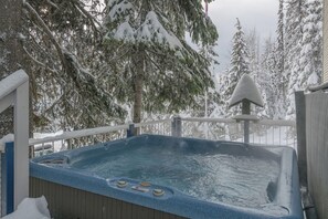 Un jacuzzi con plataforma de madera y barandilla metálica, rodeado de árboles cubiertos de nieve.